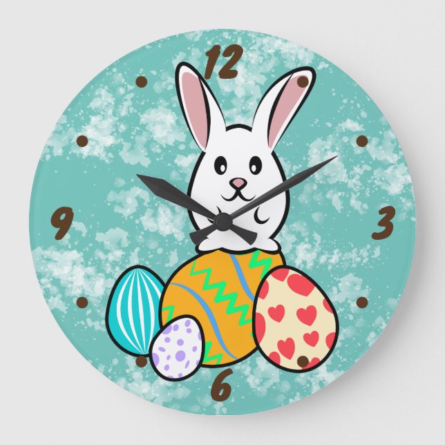 Easter Rabbit on Easter Eggs Large Clock (Front)