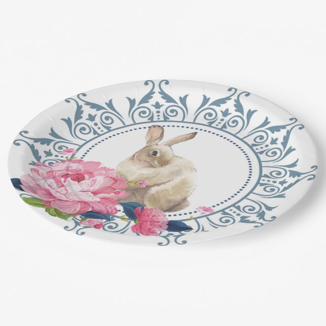 Easter Rabbit Pink Floral Paper Plates (Angled)
