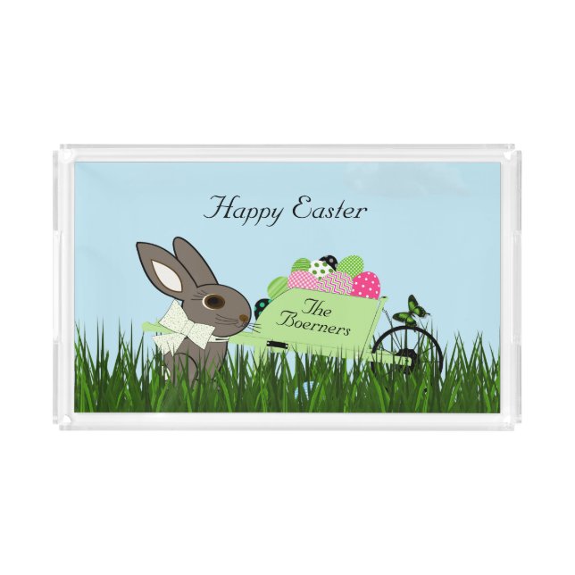 Easter Rabbit with a Wheelbarrow of eggs Acrylic Tray (Front)