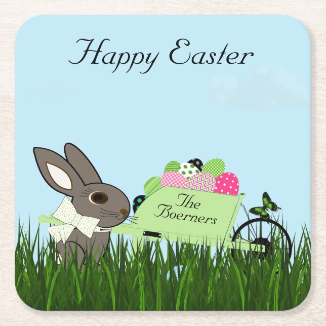 Easter Rabbit with a wheelbarrow of eggs coasters (Front)