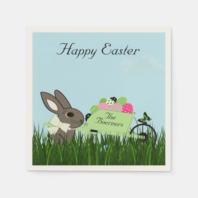 Easter Rabbit with a Wheelbarrow of Eggs Napkins (Front)