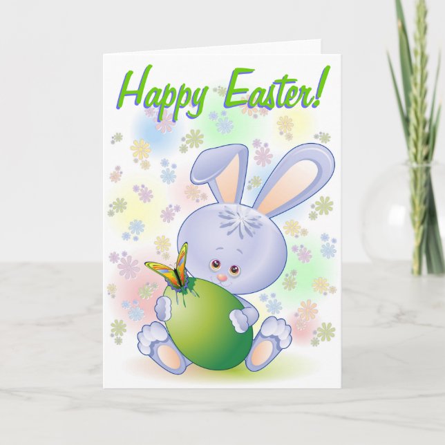 Easter Rabbit with Egg and Flowers Holiday Card (Front)