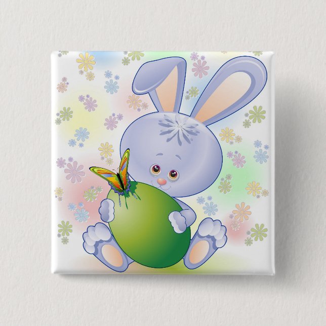 Easter Rabbit with Egg and Flowers Pinback Button (Front)