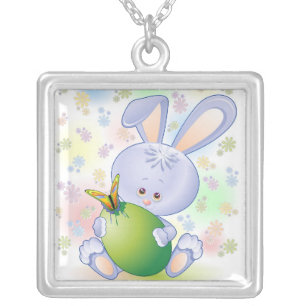 Easter Rabbit with Egg and Flowers Silver Plated Necklace