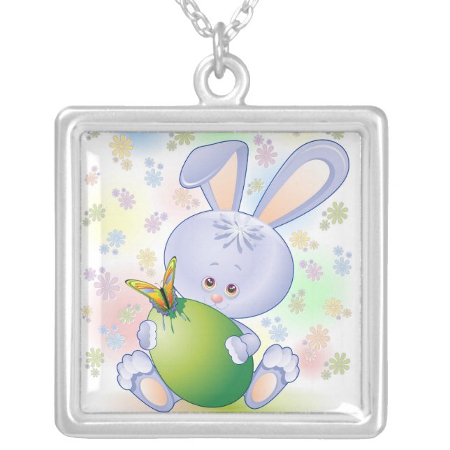 Easter Rabbit with Egg and Flowers Silver Plated Necklace (Front)