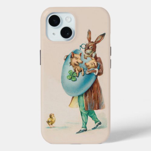 Easter Rabbit With Pigs _ Cute Vintage Animal Art iPhone 15 Case