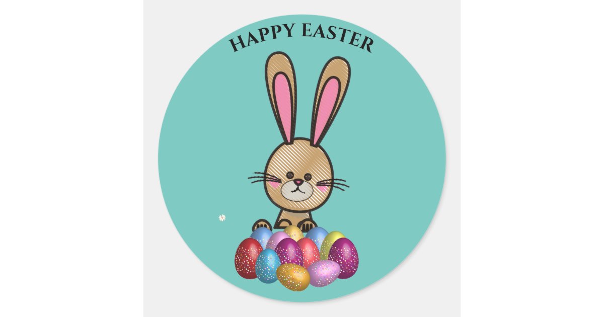 Oster Sticker Easter rabbit with sparkling eggs stickers! classic round sticker | Zazzle