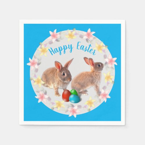Easter Rabbits and Lily Flowers  Cheerful Holiday Napkins