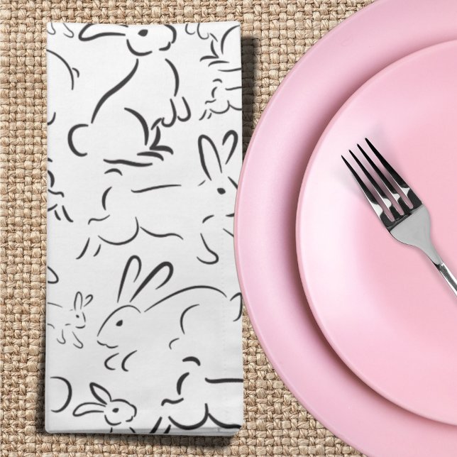 Easter Rabbits Black White Modern Pattern Monogram Cloth Napkin (Creator Uploaded)