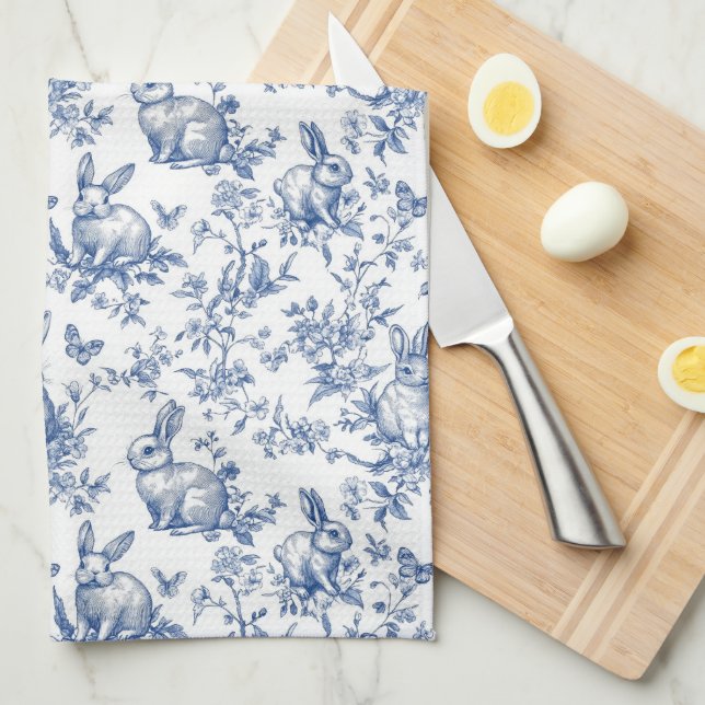 Easter Rabbits Chinoiserie Pattern Kitchen Towel (Quarter Fold)