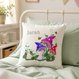 Easter Rabbits & Colorful Mushrooms Personalized Throw Pillow