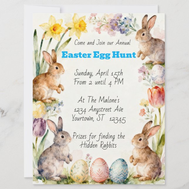 Easter Rabbits Eggs & Flowers Egg Hunt Invitation (Front)