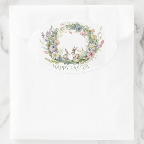 Easter Rabbits In A Floral Wreath Oval Sticker