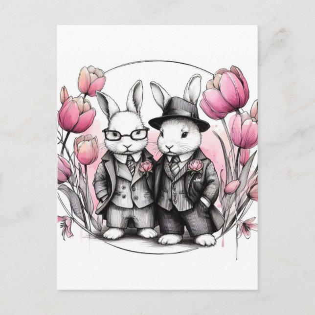 Easter Rabbits in Suits Pink Tulips Postcard (Front)