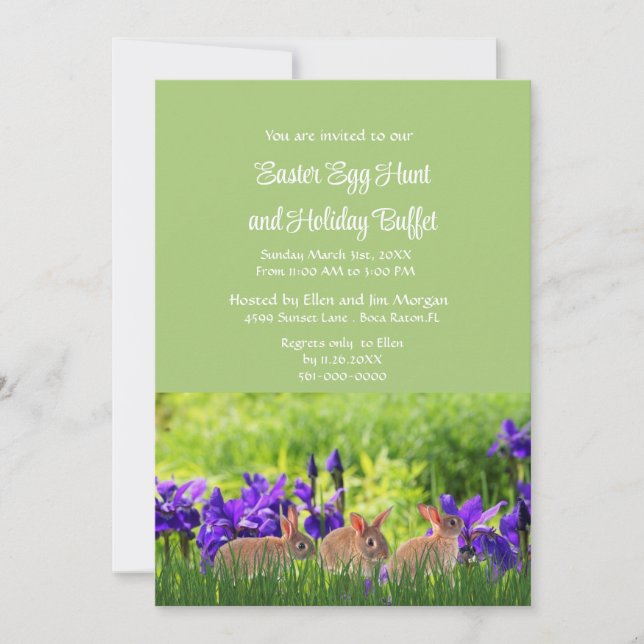 Easter Rabbits Purple Irises Holiday Buffet  Invitation (Front)