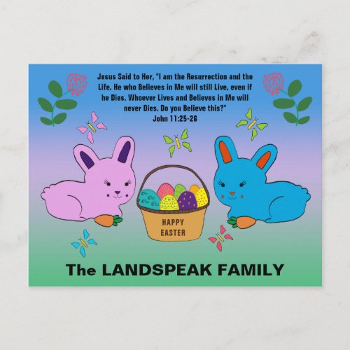 Easter Rabbits with Egg Basket  Bible Quotation Postcard