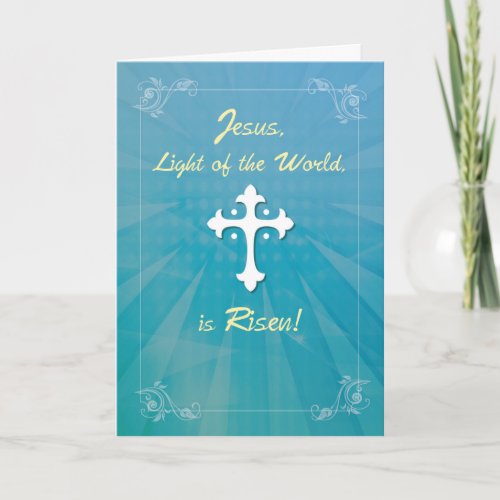 Easter Religious Cross and Rays on Teal Holiday Card