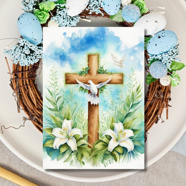 Easter Religious Cross With Dove and Lilies Holiday Card (Creator Uploaded)