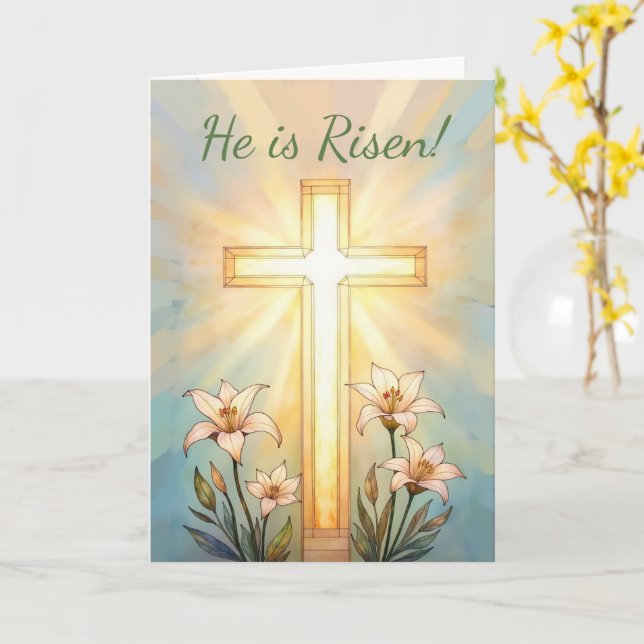 Easter Religious He Is Risen Joyful Cross Card (Yellow Flower)