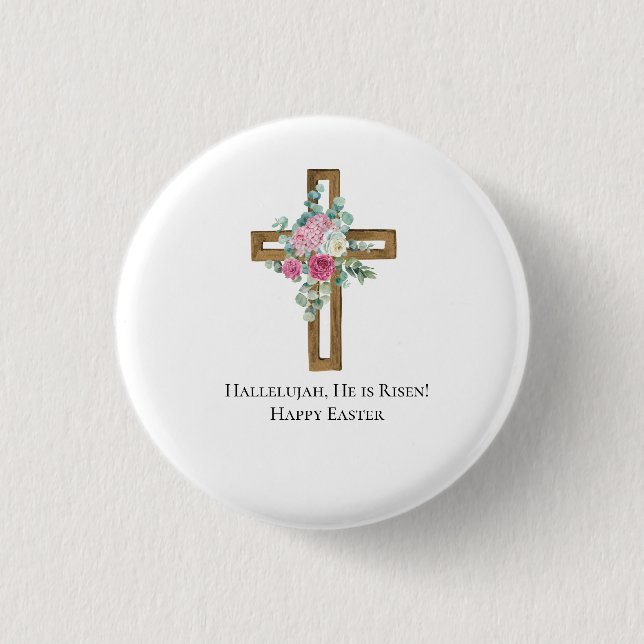 Easter Religious He is Risen Wood Cross Floral   Button (Front)