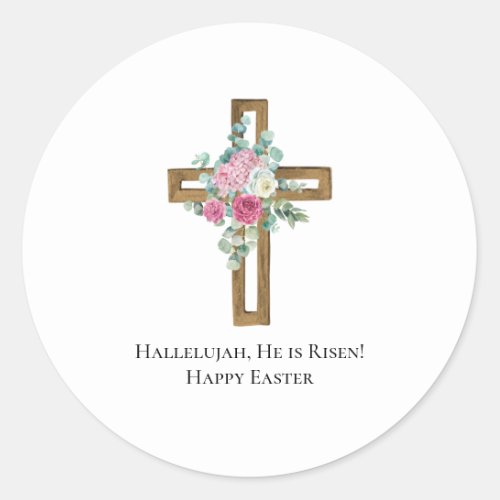 Easter Religious He is Risen Wood Cross Floral Classic Round Sticker