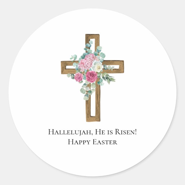 Easter Religious He is Risen Wood Cross Floral Classic Round Sticker (Front)