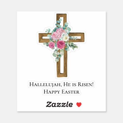 Easter Religious He is Risen Wood Cross Floral Sticker