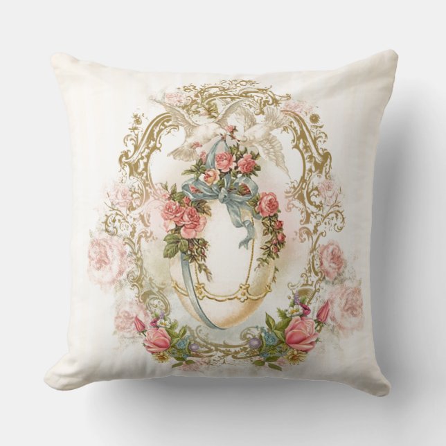 easter, rose, egg, ornament gold dove beige floral throw pillow (Front)