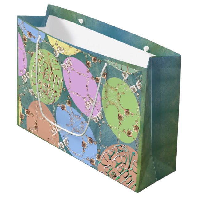 Easter Rose Eggs on Blue Green Large Gift Bag (Front Angled)