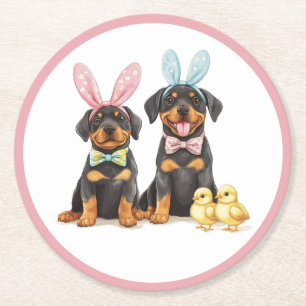 Easter Rottweiler Dogs Bunny Ears Round Paper Coaster