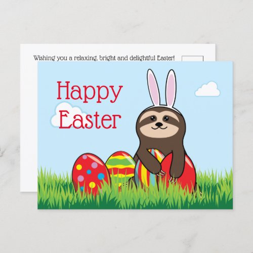 Easter Sloth w Bunny Ears  Eggs Happy Easter Holiday Postcard