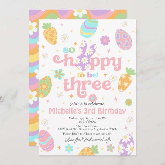 Easter So Hoppy to Be Three Birthday Invitation (Front/Back)