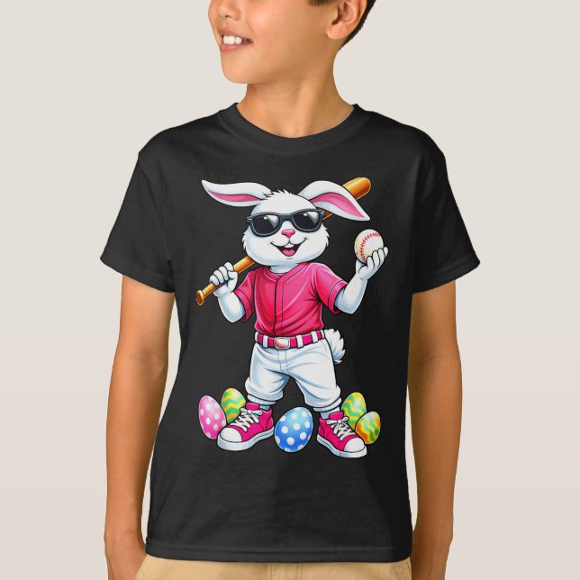 Easter Sport Happy Easter Day Bunny Playing Baseba T-Shirt (Front)