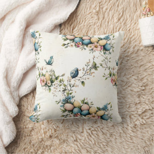 Easter Spring Birds Pastel Eggs Watercolor Floral Throw Pillow