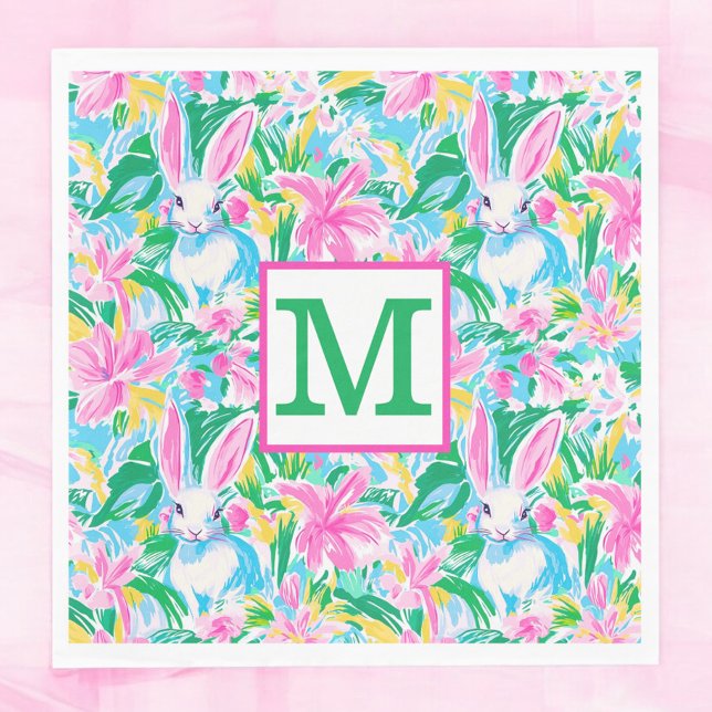 Easter Spring Bunnies Flowers Preppy Monogram Napkins (Creator Uploaded)