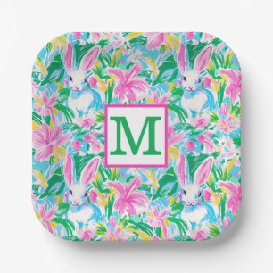 Easter Spring Bunnies Flowers Preppy Monogram Paper Plates