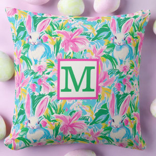 Easter Spring Bunnies Flowers Preppy Monogram Throw Pillow