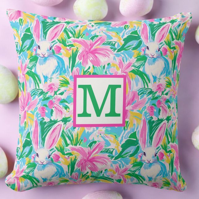 Easter Spring Bunnies Flowers Preppy Monogram Throw Pillow (Creator Uploaded)