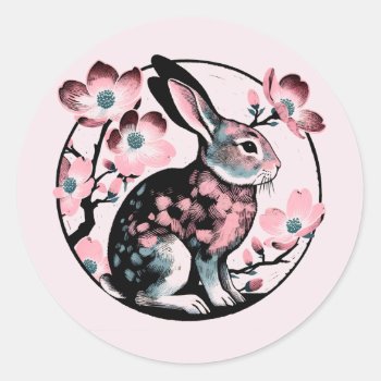 Easter Spring Bunny Rabbit Dogwood                 Classic Round Sticker by ellesgreetings at Zazzle