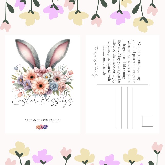 Easter Spring Floral Bunny Rabbit Ears Family Name Holiday Postcard (Creator Uploaded)