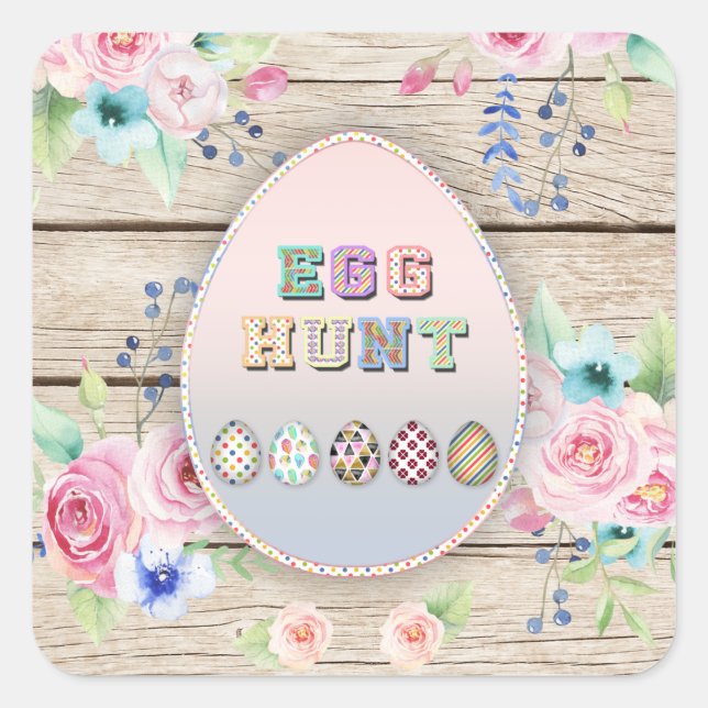 Easter Spring Flowers Egg Hunt Party Old Wood Square Sticker (Front)