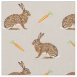 Easter Spring Hare Bunnies And Carrots On Beige Fabric