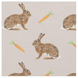 Easter Spring Hare Bunnies And Carrots On Beige Fabric