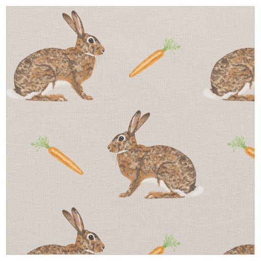 Easter Spring Hare Bunnies And Carrots On Beige Fabric
