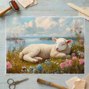 Easter Spring Lamb Sleeping in Wildflower Meadow Tissue Paper