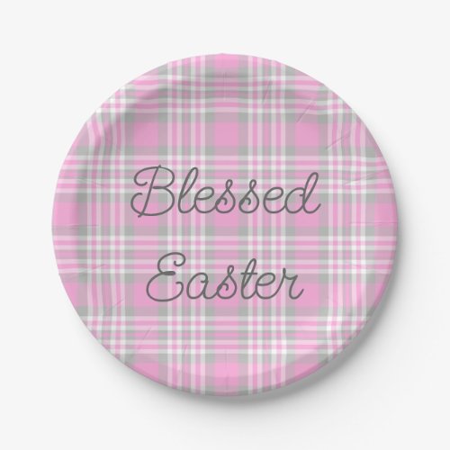 Easter Spring Pink Gray Plaid Party Paper Plates