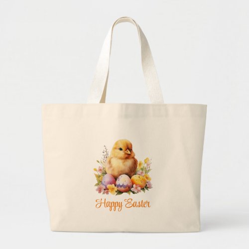 Easter Spring Time Eggs Chick Watercolor Large Tote Bag