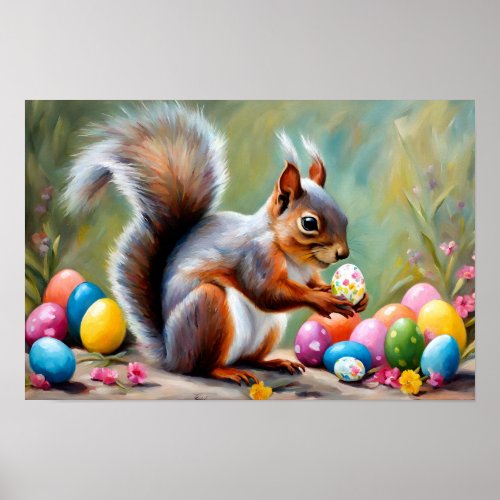 Easter Squirrel With Eggs Poster