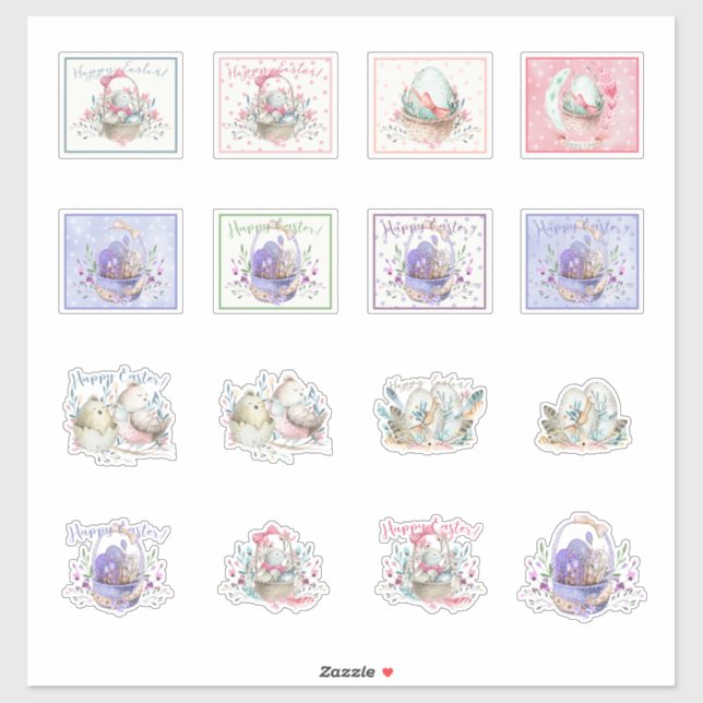 Easter Stickers Bunnies and Baskets Cute  (Sheet)