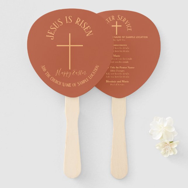 Easter Sunday Terracotta Color Church Service Hand Fan (Front and Back)